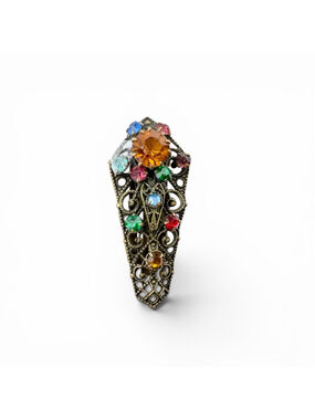 Antique 1920s Czech Filigree Dress Clip Brooch Art Deco Multicolor Rhinestone